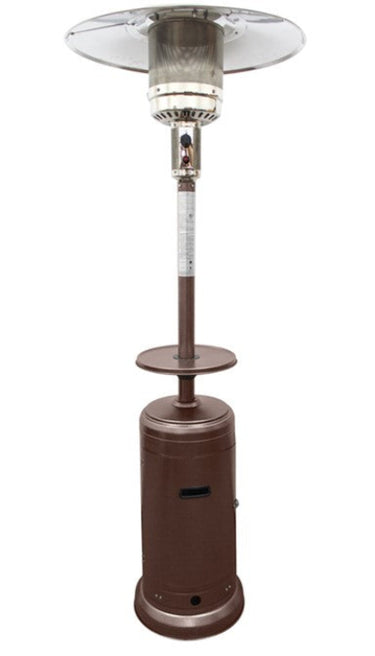 Outdoor patio heater with a brown base and glass top on a white background