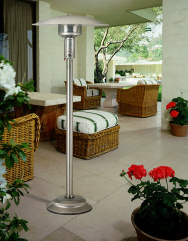 Stainless Steel NG portable patio heater with push button ignition: includes 12' steel lined mb sturgis hose set with 2 quick discconnects and shut off valve